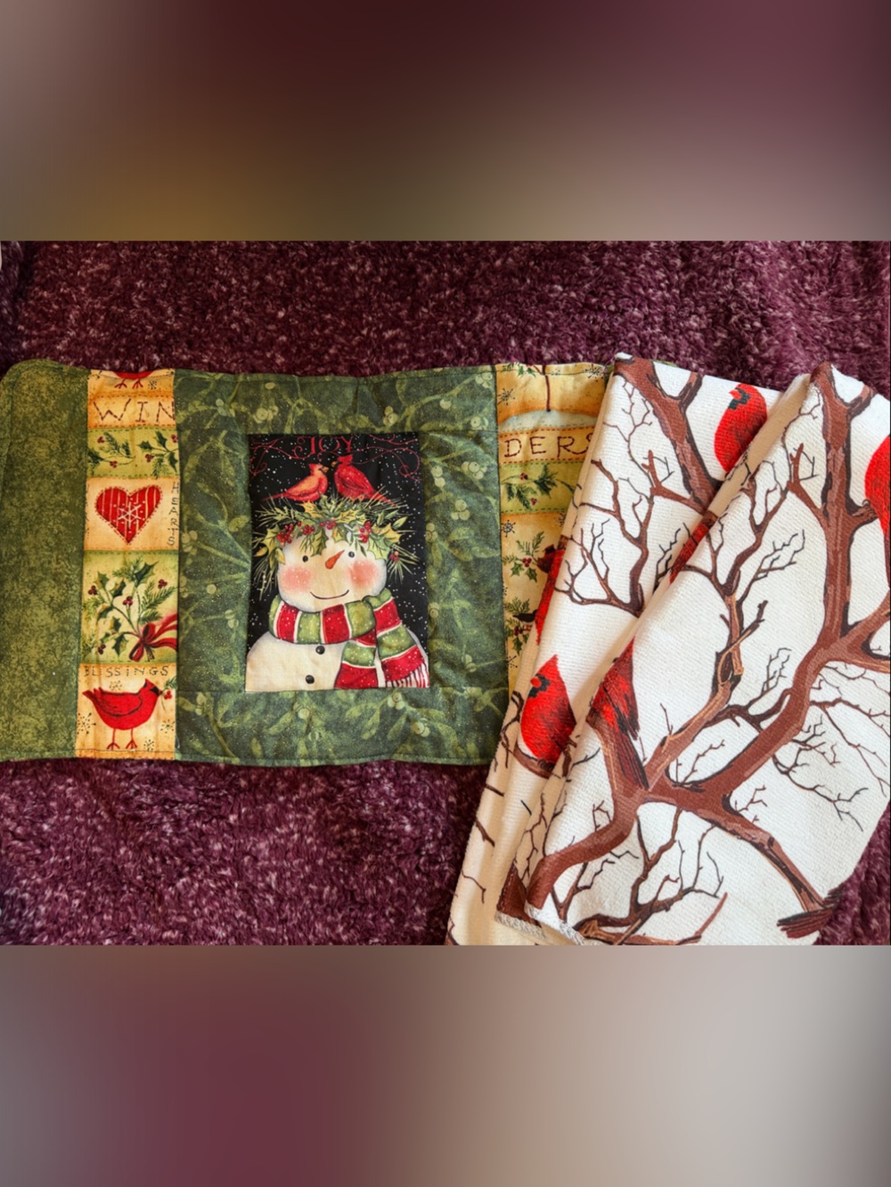 Festive Snowman Home made Decor and 2 Microfiber Cardinal Towels
